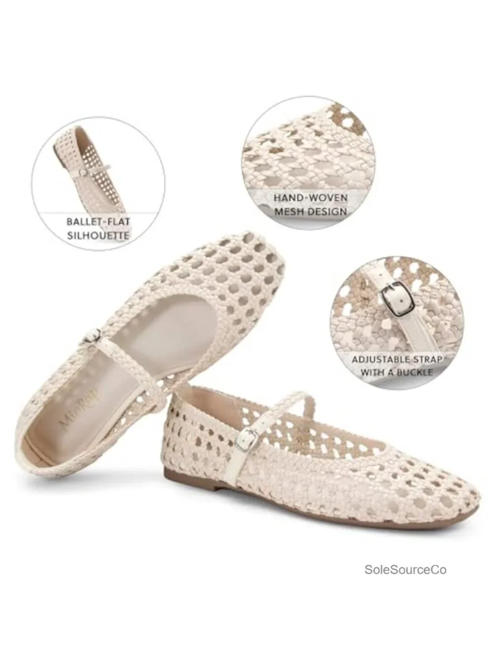 Woven Mesh Square Toe Mary Jane Ballet Flats for Women - Adjustable Strap,